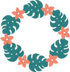 Handdrawn wreath with flowers and palm leaves. Decoration element in round shape.