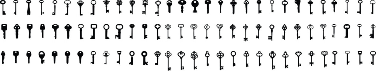 Keys set of black silhouette of door lock symbol. Victorian key collection vintage. Set Of Sketch Old Key. antique skeleton keys vector icons