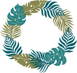 Handdrawn wreath with palm leaves. Decoration element in round shape.
