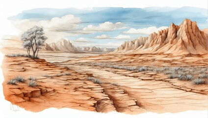 Watercolor Hand Drawing Illustrating the Impact of Climate Change on Land Degradation and Erosion, Global Warming Alert Concept