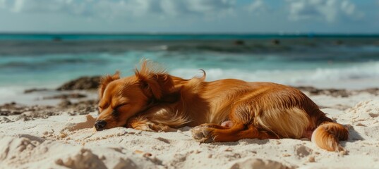 Pedigree puppy relaxing on sandy beach with ocean view on a sunny day in tropical summer