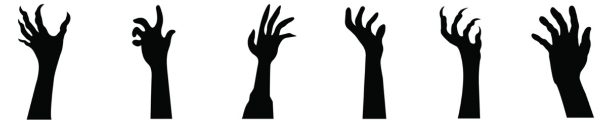 Black zombie hands halloween set, Halloween zombie hands Vector, Spooky black zombie hands,  Halloween design elements, Zombie hands, Vector set of black zombie hands, Horrible hands, Halloween hands © Mudassar