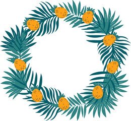 Handdrawn wreath with pineapples and palm leaves. Decoration element in round shape.