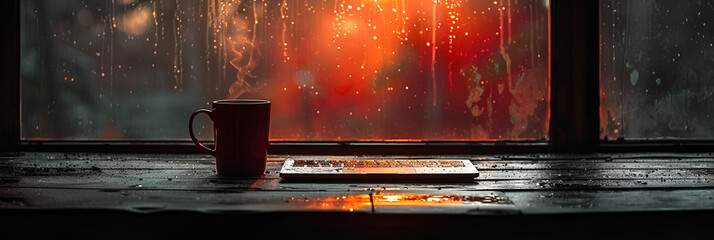 A laptop with a coffee cup,
Candle light scene High definition photography creative background wallpaper
 - obrazy, fototapety, plakaty