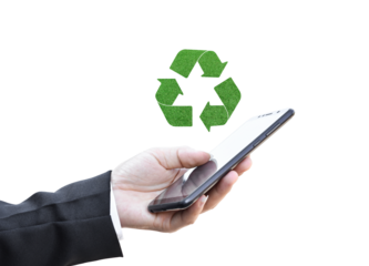 Hand holding smartphone with green recycle icon, Isolated on white transparent background. PNG File Format