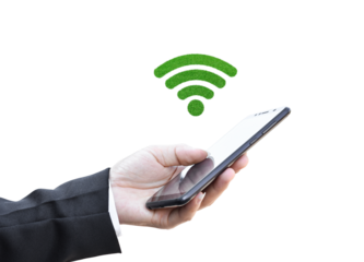 Hand holding smartphone with wifi icon, Isolated on white transparent background. PNG File Format