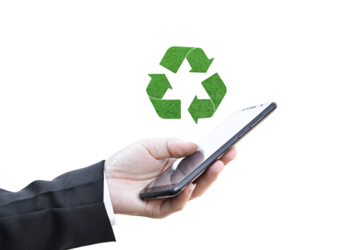 Hand holding smartphone with green recycle icon, Isolated on white transparent background. PNG File Format
