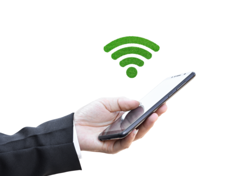 Hand holding smartphone with wifi icon, Isolated on white transparent background. PNG File Format