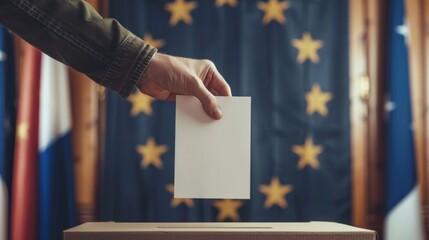 Voter Placing White Paper in European Flag Decorated Ballot Box - Democratic Participation, EU Policy Decision, Electoral Referendum.