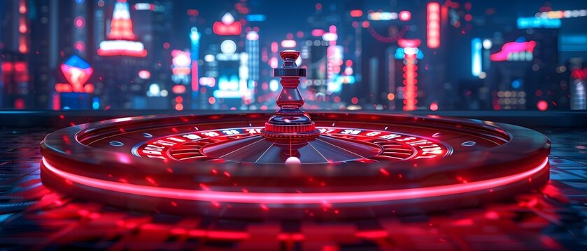 A red glowing wheel of chance in a dark city skyline. Concept Dark City Skyline, Glowing Wheel, Red Aesthetic, Urban Setting, Night Photography