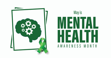 National Mental Health Awareness Month campaign banner. Brain and Green ribbon vector illustration. Observed in May each year.