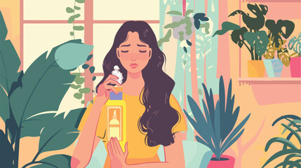 Displeased young woman with air freshener at home Vector