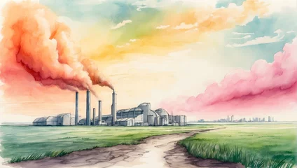 Fotobehang Watercolor Hand Drawing Illustrating the Impact of Greenhouse Gases on the Environment: A Global Warming Photo Stock Collection Highlighting Human Influence © Gohgah