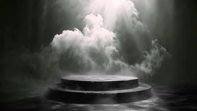 Creative interior concept. Abstract slow moving wispy white smoke fog spotlight above dark concrete stone podium stage background. Template product presentation. clip mov 4K HD motion