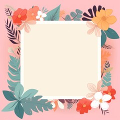 Watercolor flowers and leaves surround empty copy space. Brown border with empty space and surrounding flowers Mockup
