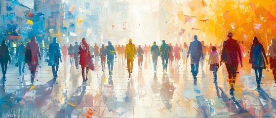 Painting of diverse people in city street each absorbed in personal activities. Concept Urban Diversity, Street Scenes, City Life, Multicultural Society, Artistic Expressions