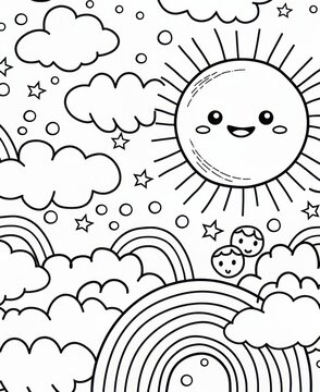 Coloring book page for children and adults. Black and white illustration with sun, rainbow, clouds and stars. AI generative.