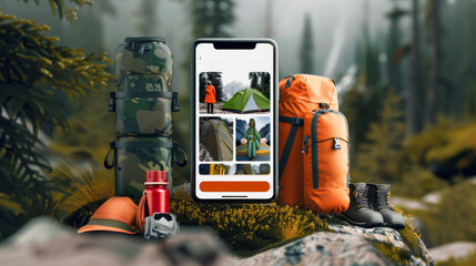 Online Shopping camping outdoor List and Mobile App Marketplace Mock up Screen Banner for Advertising ux ui