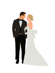 Wedding couple, Bride and groom in formal clothes on wedding day, marriage ceremony. Just married love couple, newlyweds. Realistic vector illustration isolated on transparent background.