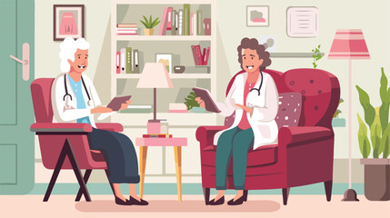 Doctor visiting happy senior woman at home Vector illustration