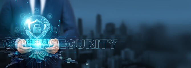 Enhancing technology, Businessman utilizing cybersecurity technology with tablet on global network,...
