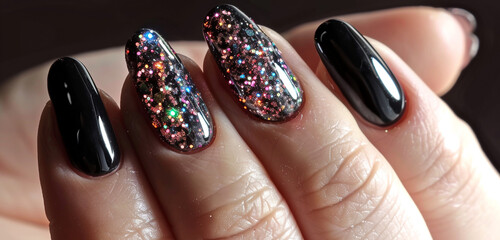  Shimmering holographic glitter forming a celestial galaxy on jet-black nails, reflecting a universe of color with every movement
