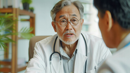 Elderly doctor talking with a patient