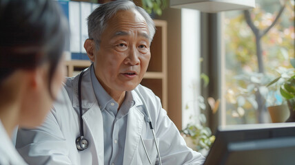 Older asian doctor talking with patient