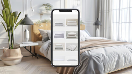 Online Shopping List and Mobile App Marketplace bedroom essentials i Mock up Screen Banner for Advertising ux ui