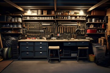 A well-organized garage with tools neatly hung, shelves stocked, and space for a car.