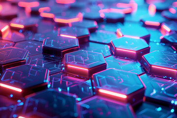 Obraz premium Digital hexagons on a futuristic neon background, symbolizing advanced connectivity and cybernetic networks
