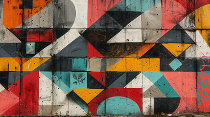 Fototapeta premium Urban graffiti art featuring geometric patterns and digital motifs in a city setting.