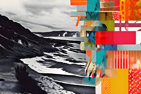 a whimsically modern and antiquated fusion collage where monochrome archival images are juxtaposed with vibrant colors