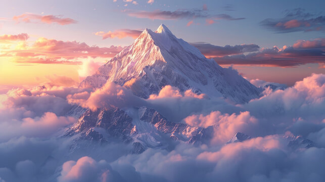A majestic mountain peak untouched by humanity, bathed in the first light of dawn, towering above rolling clouds.