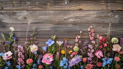 Blooming Spring Flowers Floral Display on Wooden Background for Easter and Spring Greetings