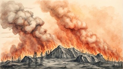 Watercolor Hand Drawing Illustrating the Stark Warning of Wildfires Exacerbated by Carbon Pollution - Global Warming Concept - obrazy, fototapety, plakaty