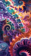 Fractal designs with intricate details and electric colors. Fractal art with spirals in a vibrant color spectrum