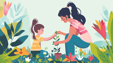 Family child girl helping mother care plant flower 