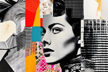 a whimsically modern and antiquated fusion collage where monochrome archival images are juxtaposed with vibrant colors - obrazy, fototapety, plakaty