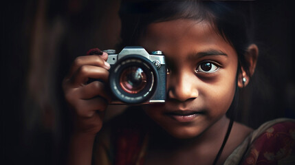 World photography day, girl takes photo with camera, professional hobby. AI generated.
