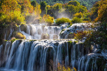 Amazing waterfalls Krka National Park in Croatia, beautiful Skradinski Buk Waterfall in Krka National Park. Travel attraction in Dalmatia, Croatia