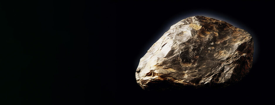 Paragonite is a rare precious natural stone on a black background. AI generated. Header banner mockup with space.