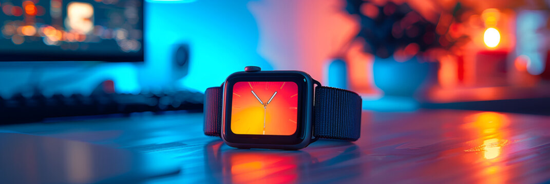 An Apple Watch sitting on top of a table,
A digital watch with a colorful screen and the words apple on the screen
