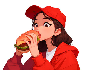 大きなサンドイッチを食べようとしている若い女性（透明レイヤー）