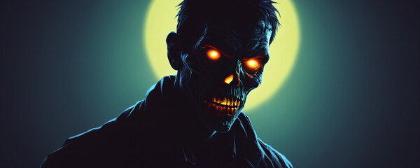 Naklejka premium A zombie man with glowing eyes stands under a full moon, radiating an eerie and disturbing presence. The moonlight emphasises his sinister features, creating a chilling scene. Halloween theme.