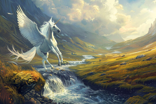 Digital painting of a serene landscape where salmon roe rivers flow beneath a Pegasus in flight, embodying harmony and peace