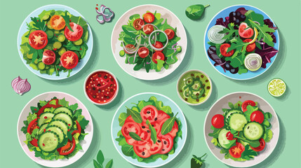 Set of healthy salads on color background top view vector