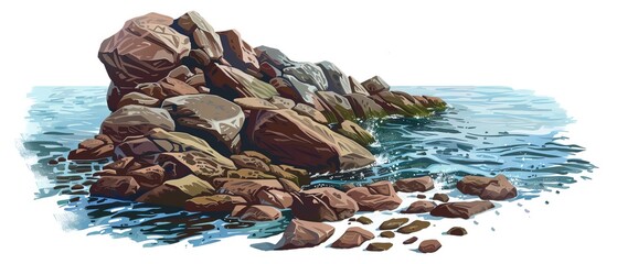 Realistic Image of a rocky shore seascape on a white background, Realistic.