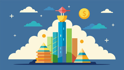 Obraz premium A towering monument made of money bags and financial charts pays homage to the importance of setting and achieving financial goals.