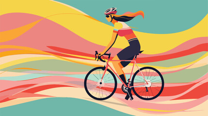 Female cyclist with bicycle on color background Vector